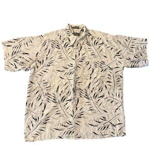 Van Heusen Washable Silk Hawaiian‎ Shirt L Leaf Print Beige Black Short Sleeve